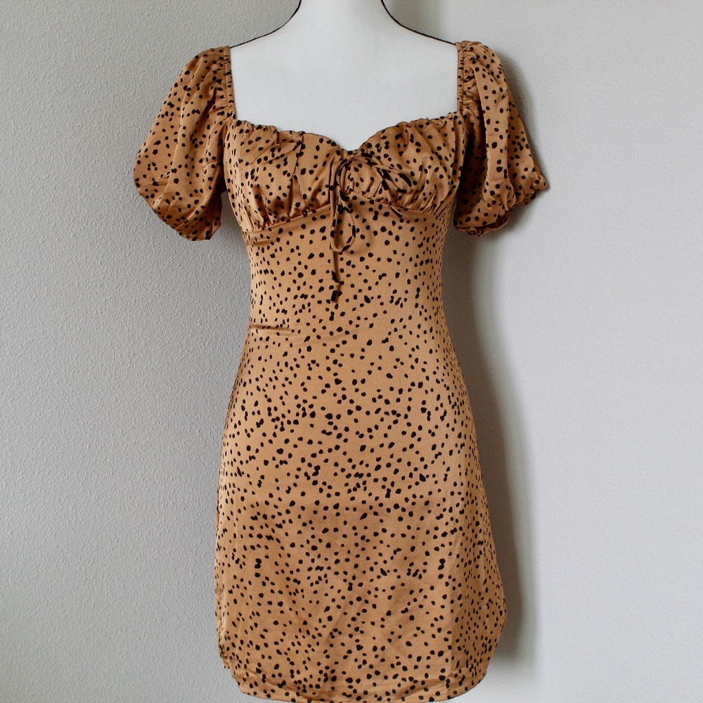 Brown & Black Polka Dot Puff Sleeve Milkmaid-Style Mini Dress